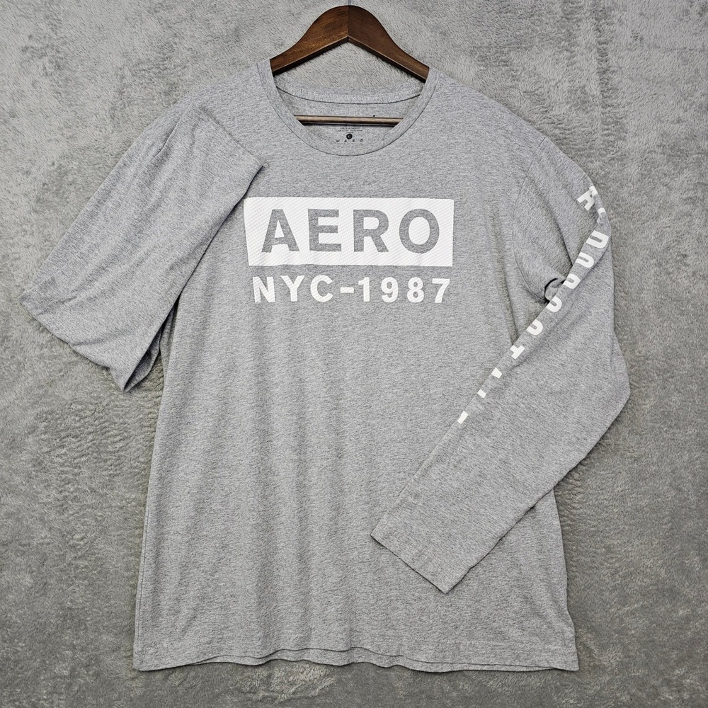 Aeropostale Mens XL Long Sleeve Graphic T-Shirt Heather Grey Aero NYC 1987 Logo